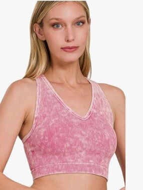 Zenana Trista Washed Ribbed Seamless V-Neck Racerback Padded Bra Ash Pink S/M